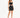 A model wearing a fitted black skirt paired with a matching crop top and strappy heels.