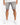 Gray denim shorts with distressed detailing and frayed hem, paired with white sneakers.