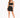 A model poses in a fitted black crop top and matching mini skirt, paired with strappy heels.