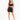 A model poses in a fitted black crop top and matching mini skirt, paired with strappy heels.