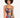 A model showcases a colorful two-piece set featuring a cropped top and matching leggings with vibrant patterns.
