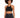 Black crochet halter top with a scalloped design, paired with high-waisted black jeans.