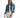 Jolie oversized blue washed denim jacket with distressing and frayed hem on a model in a white dress.