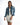 Jolie oversized blue washed denim jacket with distressing and frayed hem on a model in a white dress.