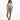 Model wearing Journi high-waisted blue washed denim shorts with raw hem and light blue cropped button-up top.