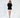 Model wearing a Celine black turtleneck knit sweater with a distressed fringe hem, paired with a white skirt.