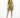 A model poses in olive green fitted shorts and a matching one-shoulder crop top, paired with white sneakers.