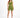 A model poses in a fitted olive green outfit featuring a one-shoulder top and matching shorts.