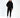 A model stands in a black hoodie and matching joggers, featuring subtle logo designs, paired with white sneakers.