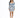 A woman stands in a fitted dress with puffed sleeves, featuring a blue floral pattern on a white background.