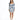A woman stands in a fitted dress with puffed sleeves, featuring a blue floral pattern on a white background.