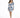 A model poses in a fitted dress with a floral blue and white pattern, featuring puffed sleeves and a square neckline.