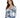 A woman with long hair wears a fitted dress featuring a blue floral pattern and puffed sleeves.