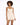 A model showcases a light beige romper with a wrap design and adjustable straps, featuring a flared skirt.