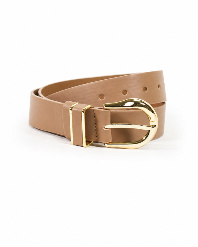 Tan belt featuring a shiny gold buckle and multiple adjustment holes.