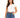 A woman wearing a fitted white t-shirt and high-waisted blue jeans, accessorized with a brown belt.