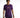A man wearing a purple short-sleeve shirt with a graphic text design, paired with dark jeans.
