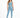 A model wearing a light blue one-shoulder crop top paired with matching leggings and white sneakers.
