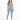 A model wearing a light blue one-shoulder crop top paired with matching leggings and white sneakers.