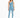 A model wearing a light blue one-shoulder bodysuit paired with matching leggings and white sneakers.