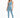 A model poses in a light blue one-shoulder crop top paired with matching high-waisted leggings and white sneakers.