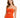 A woman smiles while wearing a fitted orange dress with thin straps and a cutout detail at the waist.