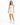 A model poses in a fitted white dress with a cutout detail, paired with white sneakers for a casual look.