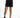 Kinslee high-waisted distressed black washed denim shorts with a button fly and raw hem details on a model.