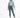 A model wearing a light blue cropped sweatshirt and fitted dark jeans, paired with white slide sandals.