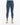 Fitted blue jeans with a high waist, featuring a button fly and cropped hem, paired with white slide sandals.
