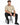 A man sits on a stool wearing a light beige t-shirt and black jeans, paired with black sneakers.