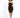 A model poses in a strapless black dress featuring gold zipper details and thigh-high slits, paired with black heels.