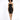 A model poses in a strapless black dress featuring gold zipper details and thigh-high slits, paired with black heels.