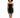 A model poses in a strapless black dress featuring gold zipper details and side slits, complemented by black heels.