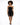 A model poses in a strapless black dress featuring gold zipper details and side slits, complemented by black heels.