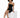 A model poses in a fitted black strapless dress with gold zipper details, paired with black high heels.