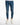 Slim-fit blue jeans with distressed details and ribbed knee panels, paired with white sneakers.