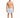A shirtless man stands in colorful swim trunks featuring a tropical palm tree print, wearing slide sandals.