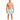 A shirtless man stands in colorful swim trunks featuring a tropical palm tree print, wearing slide sandals.