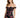 A woman poses in a fitted black dress with pink floral patterns and ruffled off-the-shoulder sleeves.
