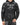 A black sweatshirt featuring a lightning pattern and a front pocket, worn by a model with a hood.