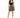 A woman stands confidently in a fitted black top and a flared skirt with a bold monochrome pattern.