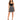 A woman stands confidently in a fitted black top and a flared skirt with a bold monochrome pattern.