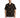 A man models a short-sleeve black shirt with a geometric orange pattern, paired with white pants.