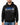A man wearing a black hoodie with graphic text and a front pocket, paired with blue jeans.