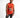 A man wearing a sleeveless orange top with graphic text and images, paired with distressed black jeans.
