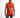 A man wearing a sleeveless bright orange top with graphic text and images, paired with distressed gray jeans.