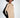 Beige and black ribbed Lilith Sweater featuring shoulder cut-outs and a crew neck on a woman with an afro.