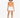 Model wearing an orange bodysuit with a cutout detail, paired with white shorts and sneakers.