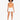 Model wearing an orange bodysuit with a cutout detail, paired with white shorts and sneakers.